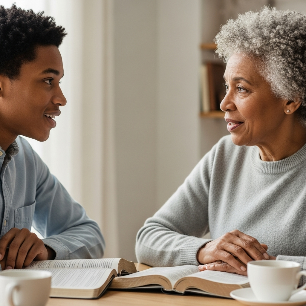 A gentle, respectful conversation over coffee and a Bible, emphasizing connection rather than debate.
